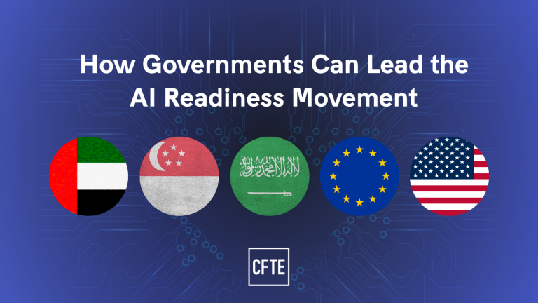 Banner with flags of UAE, Singapore, Saudi Arabia, EU, and USA beneath the title “How Governments Can Lead the AI Readiness Movement” on a digital circuit background.
