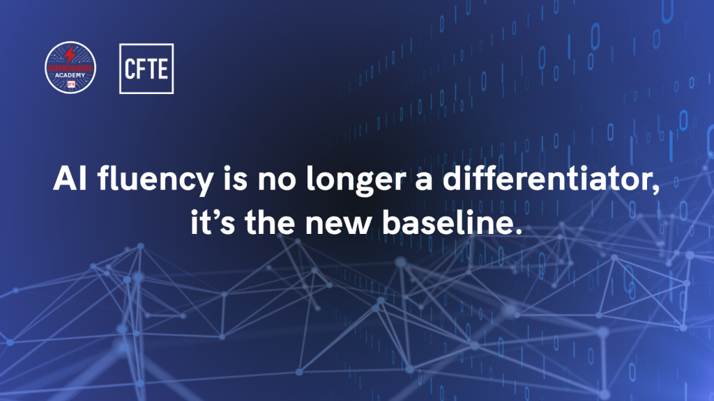 Banner image with digital grid and headline "AI fluency is the new baseline" representing future skills in finance